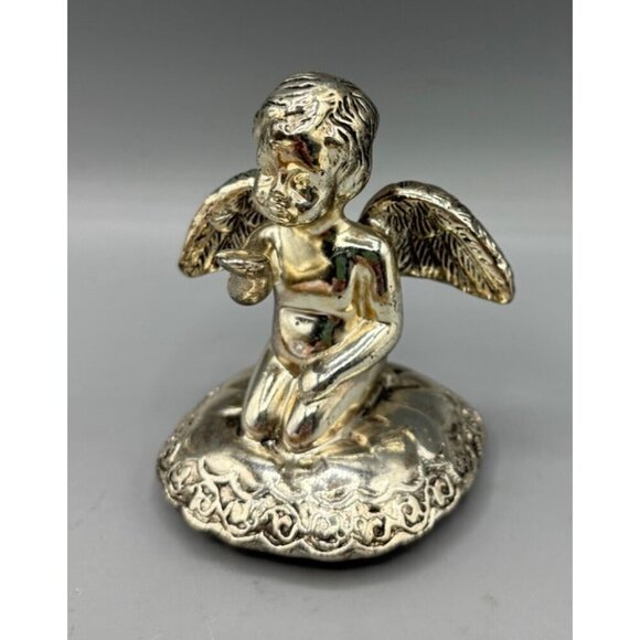 Vtg Silver‎ Plated Cherub Angel Figurine Blowing Kiss Decor Religious - Picture 1 of 6